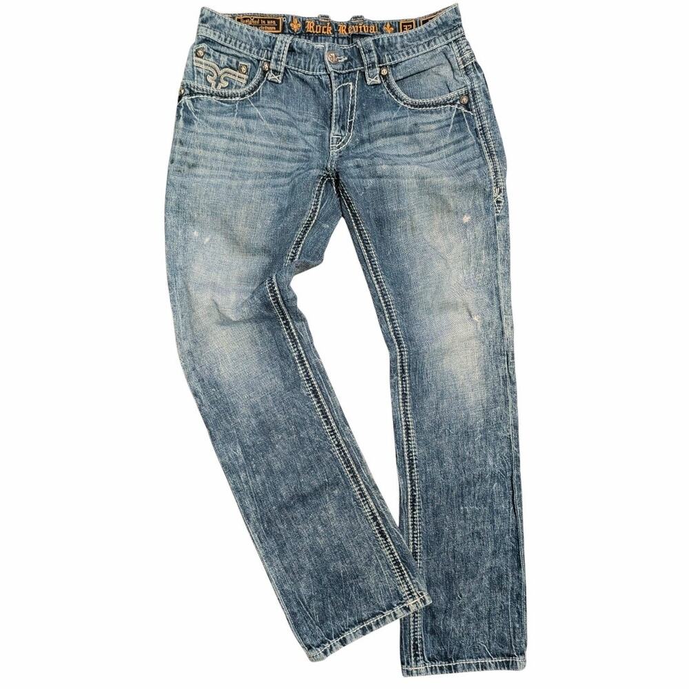 ROCK REVIVAL Faro Straight Fit Jeans Men's 32 Light Blue Acid Wash Flap Pockets - Picture 2 of 7